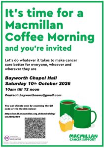 Read more about the article Macmillan Coffee Morning – Bayworth Chapel Hall.